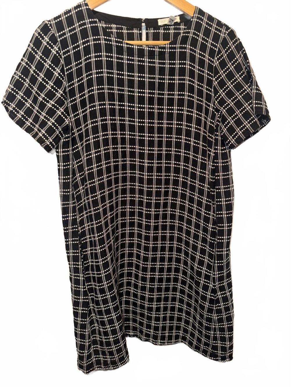 Eileen Fisher Black & White Plaid Shift Dress – Short Sleeve Minimalist Sz Xs
